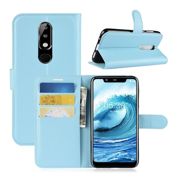 Nokia 5.1 Plus mobiletui i kunstlæder med Litchi overfalde og stativ - Baby Blå Blue