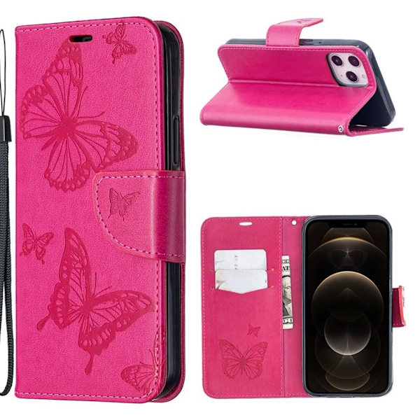 Butterfly iPhone 12 Pro Max nahkakotelo - Ruusu Pink