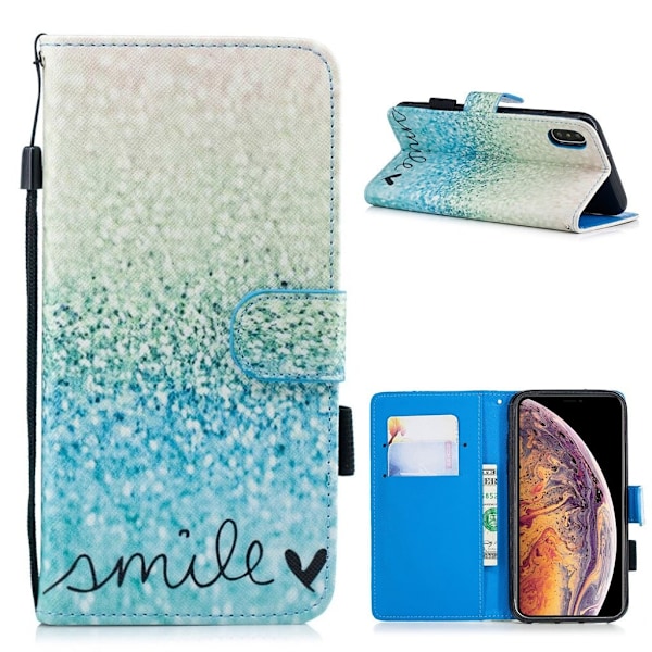 iPhone Xs Max kuviollinen synteetti nahkainen lompakko suojakotelo magneetti lukolla - Smile Teksti Multicolor