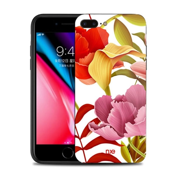 NXE iPhone 7 Plus / 8 Plus glasetui med blomstermønster - Rød Og Gul Og Lyserød Blomst Multicolor