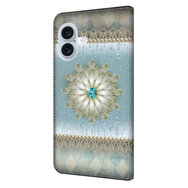 iPhone 16 Plånboksfodral Mönster Tryck Stativ Läder Flip Phone Cover - Blå Diamantblomma Blå