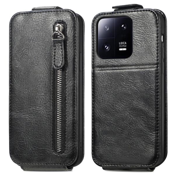 Vertical Flip Phone Etui med Zipper til Xiaomi 13 Pro - Sort Black