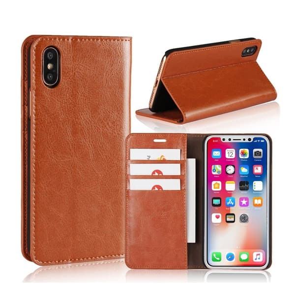 iPhone X flip cover i ægte læder med skørt hesteskind - Brun Brown