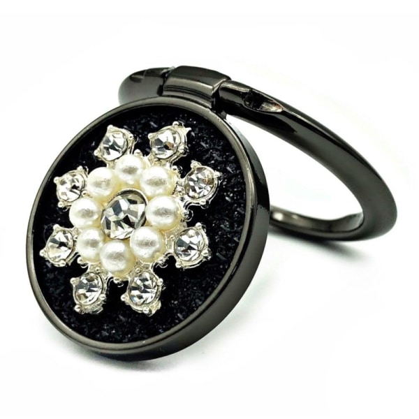 Universal fashionable rhinestone faux pearl décor phone ring sta Black