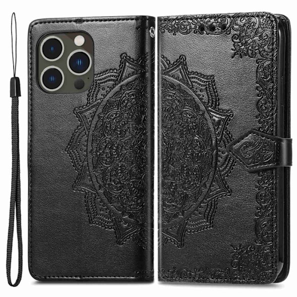 Mandala iPhone 14 Pro læderetui - Sort Black