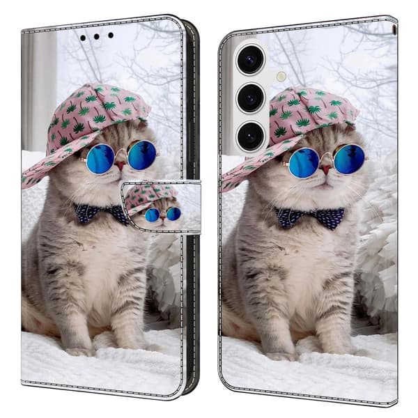 Samsung Galaxy S25 Plånboksfodral Mönster Tryck Stativ Läder Flip Telefonskal - Hattkatt Silvergrå