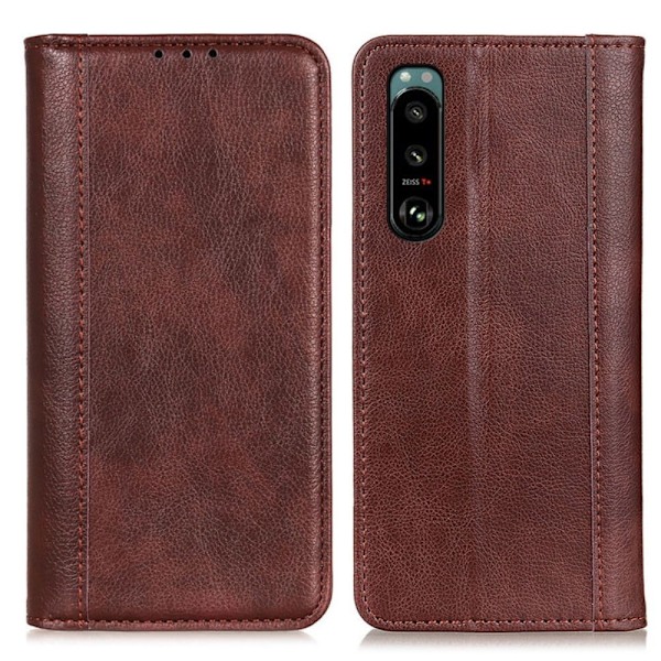 Sony Xperia 5 III ægte læderetui med magnetisk lukning - Brun Brown