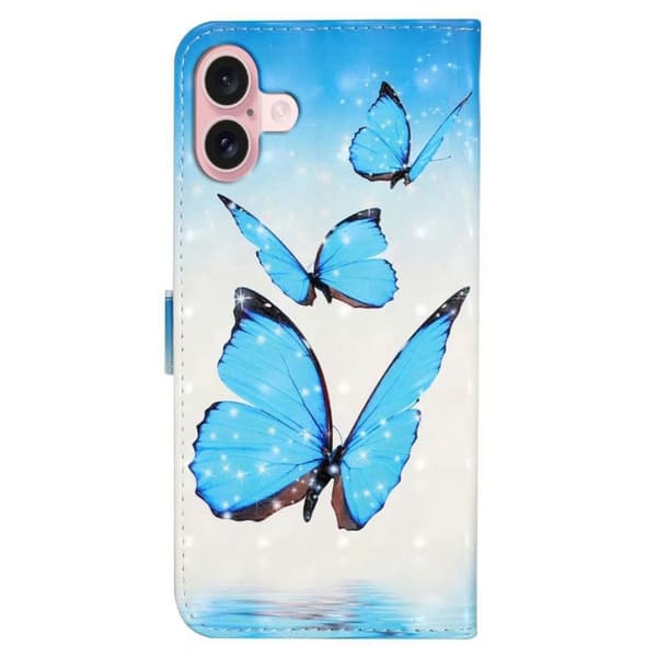 iPhone 16 Etui 3D Creative Pattern Vegansk Læder Stand Phone Cover - Tre Sommerfugle Blue