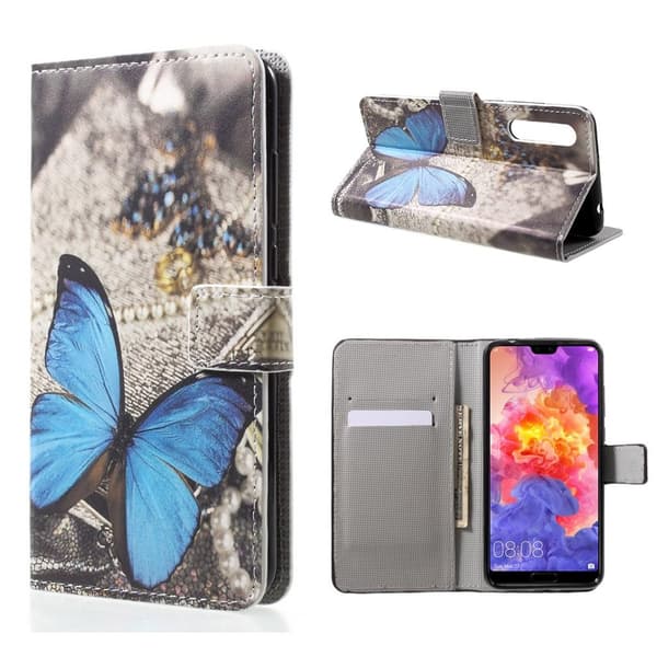 Huawei P20 Pro Etui laget av kunstlær og silikon – Blå sommerfugl Multicolor