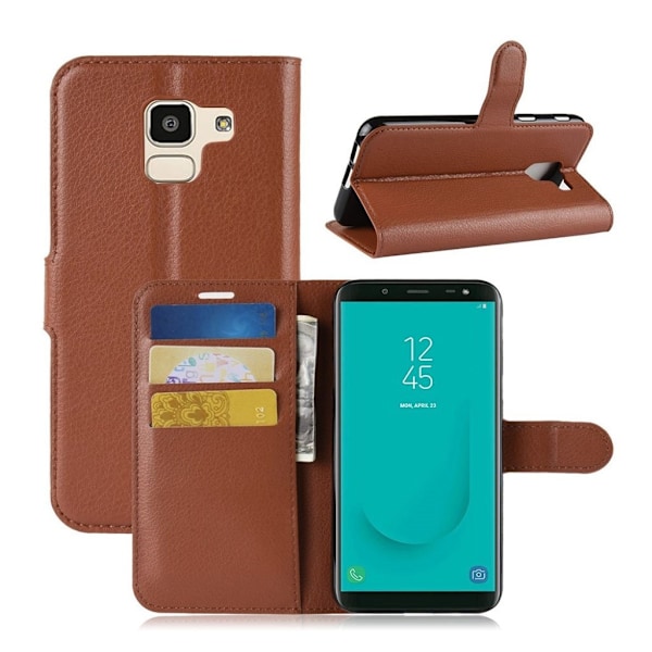 Samsung Galaxy J6 mobiletui i lædermateriale med Litchi overflade samt magnetisk lukkeklap - Brun Brown