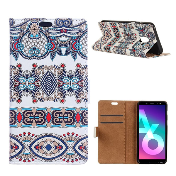 Samsung Galaxy A6 mobiletui i kunstlæder med printet mønster samt pung og stativ - Arabisk blomster mønster Multicolor