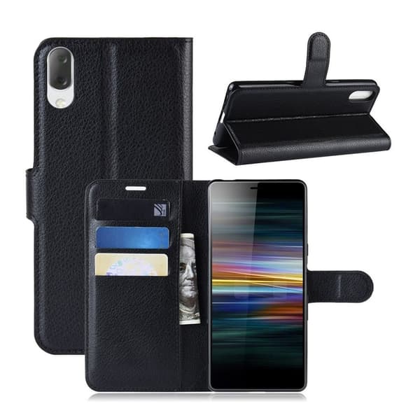 Sony Xperia L3 Litchi Læretui - Svart Black