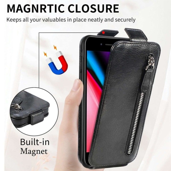 Vertical Flip Phone Suojakotelo With Zipper For iPhone 7 Plus / 8 Plus - Musta Black