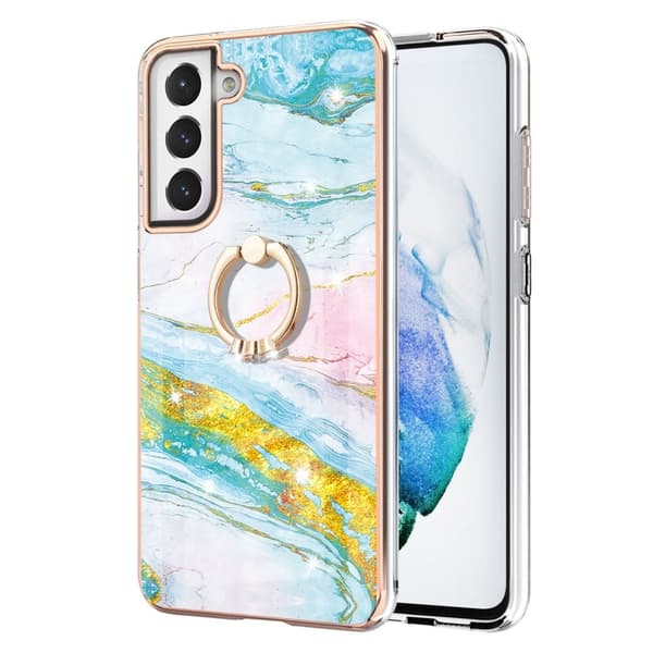Marble Mønstret Deksel med Ring Holder til Samsung Galaxy S21 FE - Grønn og Gul Klinkekule Haze Multicolor