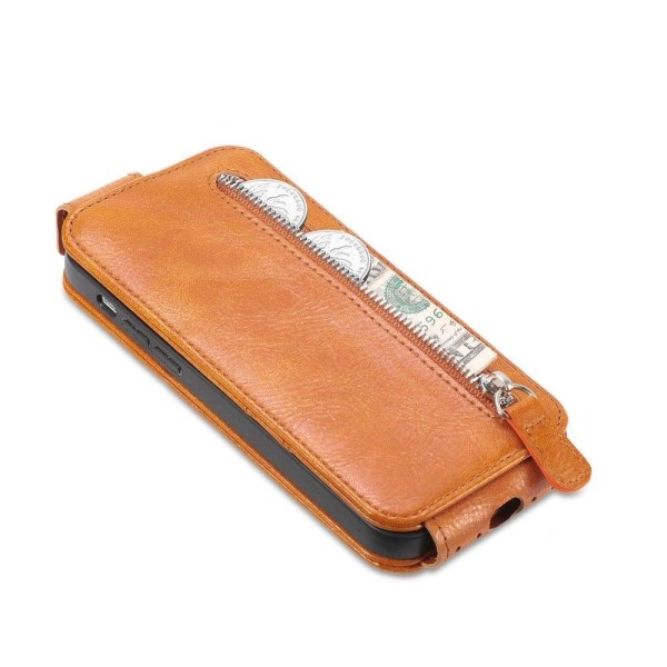 Vertical Flip Phone Suojakotelo With Zipper For iPhone 13 Pro Ma Brown