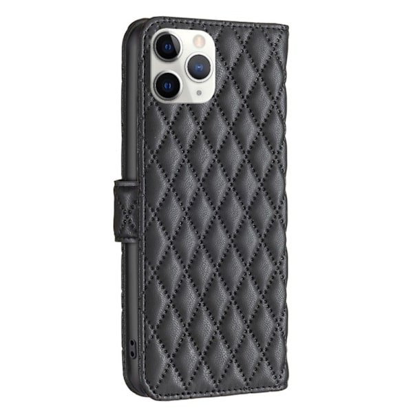 BINFEN COLOR iPhone 11 Pro Max 6.5 inch BF Style-14 Imprinted Rhombus Pattern Vegansk Læder Wallet Case Adjustable Stand Matte Protective Phone Shell Black