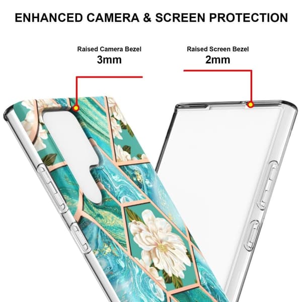 Marble Samsung Galaxy S22 Ultra Etui - Blå Blomster Blue