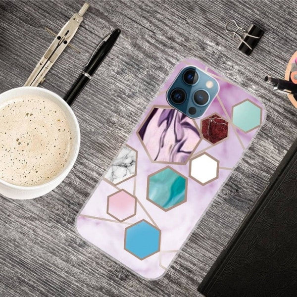 Marble design iPhone 14 Pro cover - Sekskantede Fragmenter I Lilla Multicolor