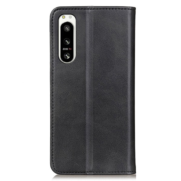 Flip Etui med Pung i Ægte Læder til Sony Xperia 5 Iv - Sort Black