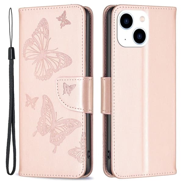 Butterfly iPhone 14 nahkakotelo - Ruusukulta Pink