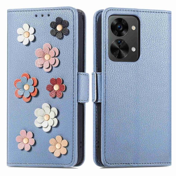 Mjukt läder OnePlus Nord 2T fodral med blomdekor - Blå Blå