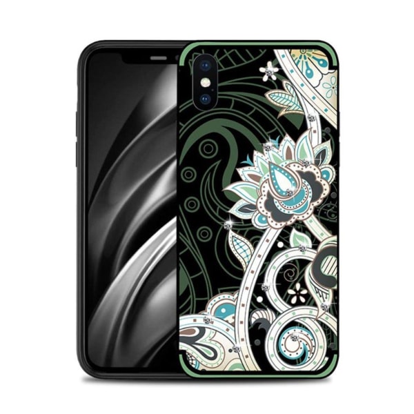 iPhone Xs Max NXE blom mönstrat silikonplast mobilskal med strass dekor - Grön Blomma Grön