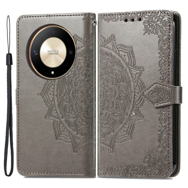 Honor X9b 5G / Magic6 Lite 5G / X50 5G Case Mandala Flower Wallet Leather Phone Cover - Grå Silver grey
