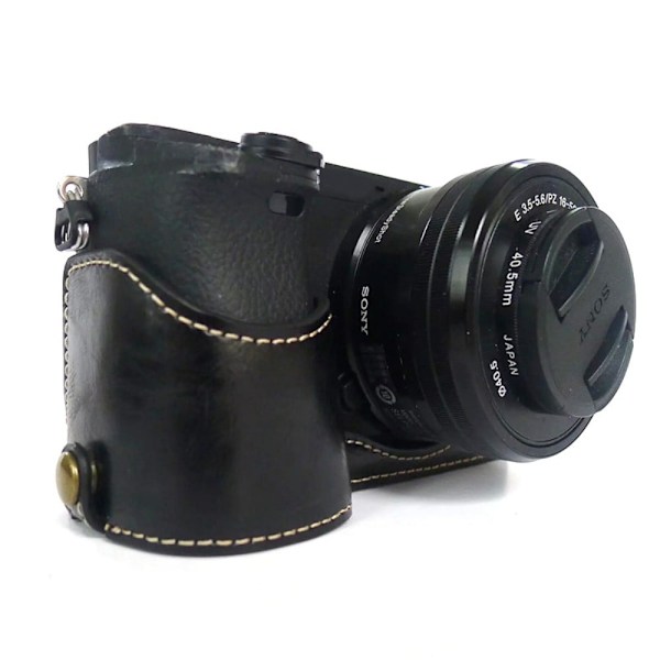 Sony A6400 / A6300 / A6000 halvkrops beskyttende læderetui - Sort Black