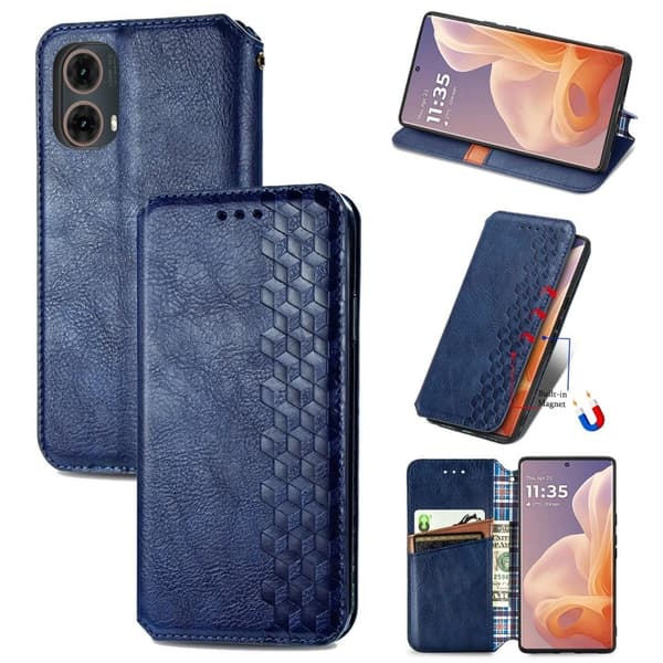 Läder Motorola Moto G85 fodral med romb-design - Blå Blå