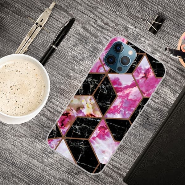 Marble iPhone 15 Plus Etui - Sort og Rose Marmor Pink