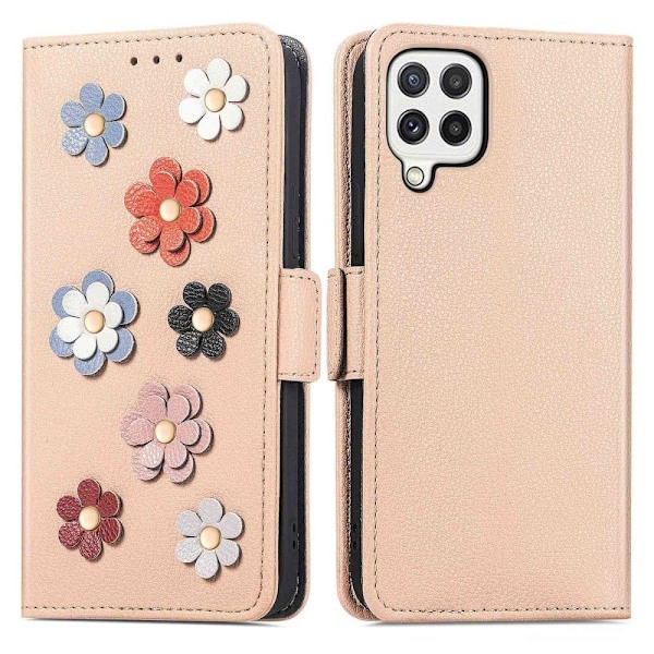 Mjukt läder Samsung Galaxy A12 5G fodral med blomdekor - Brun Brun