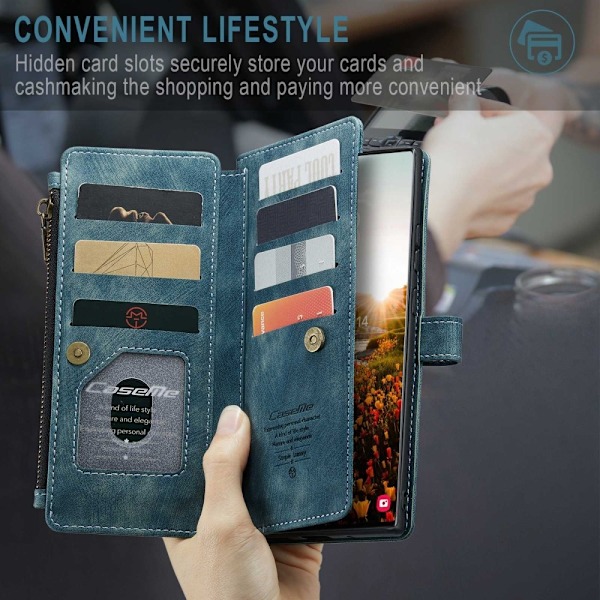 CaseMe Samsung Galaxy S22 Ultra etui med lynlås og pung - Blå Blue