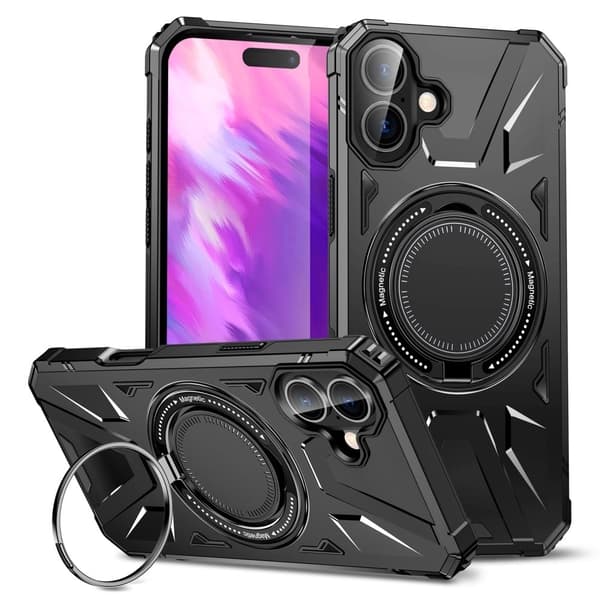 iPhone 16 Magnetisk etui Fleksibelt og stødsikkert telefon cover med kickstand med roterende ring - Sort Black