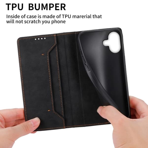 DF-05 iPhone 16 Plus-etui RFID-blokerende vegansk læderpung-telefon cover - Sort Black