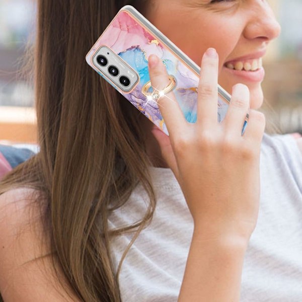 Marble Patterned Suojakuori With Ring Holder For Motorola Edge 20 - Milky Way Marble Blue Multicolor