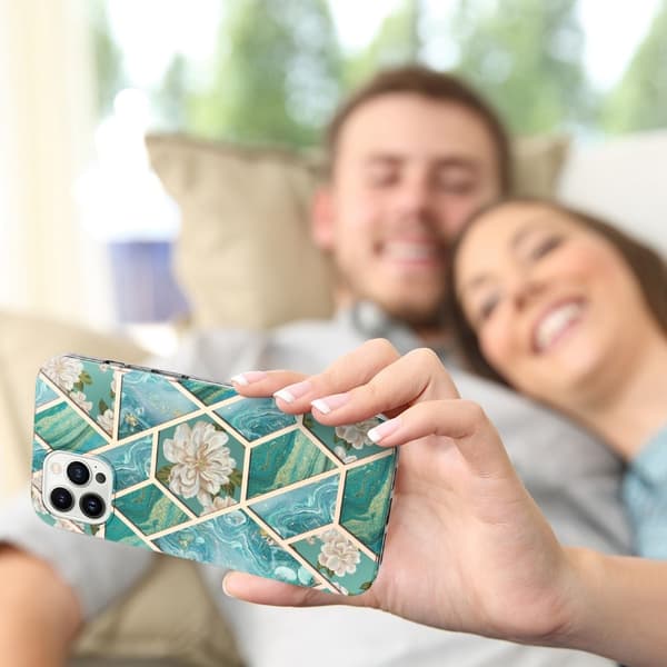 Marble design iPhone 14 Pro cover - Blå Blomster Blue
