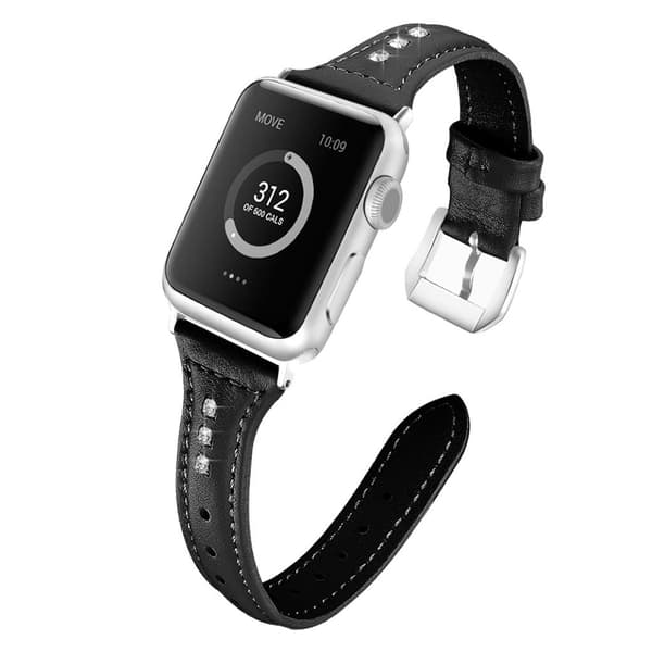 Apple Watch Series 5 44mm krystal ægte læder Urrem - Sort Black