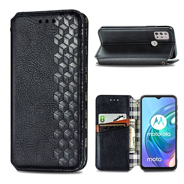 Læder Etui med A Stil Rhombus Imprint til Motorola Moto G30 - Sort Black