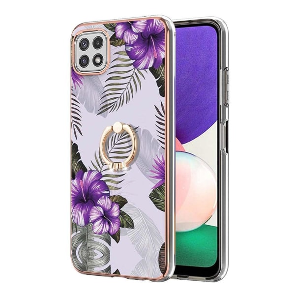 Marble Patterned Suojakuori With Ring Holder For Samsung Galaxy A22 5G - Purple Flowers Purple