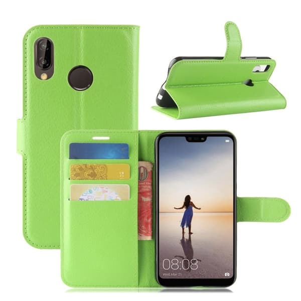 Huawei P20 Lite litchi tekstur PU læder flip etui - Grøn Green