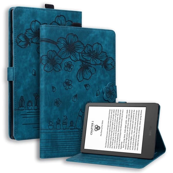 Amazon Kindle Paperwhite (2024) Case Flip Stand Leather Tablet Cover Cherry Blossom Cat Imprinted - Blue Blue