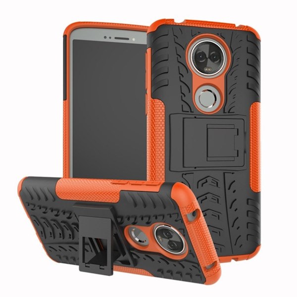 Motorola Moto E5 Plus mobilskal hårdplast TPU material skyddande utfällbart ben däck design - Orange Orange