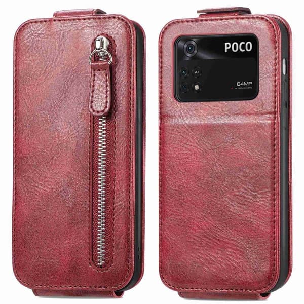 Vertical Flip Phone Etui med Zipper til Xiaomi Poco M4 Pro - Rød Red