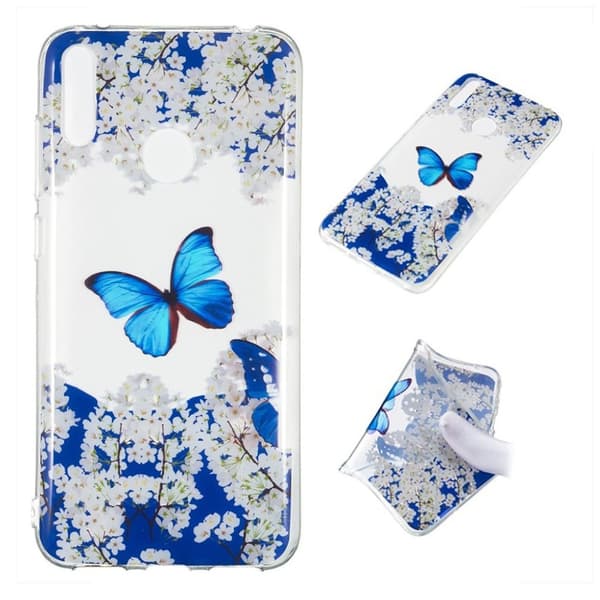 Huawei Y7 2019 mønstret etui - Sommerfugl og Hvide Blomster Multicolor