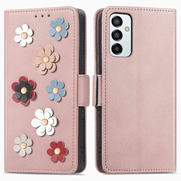Mjukt läder Samsung Galaxy M23 / Samsung Galaxy F23 fodral med blomdekor - Rosa Rosa