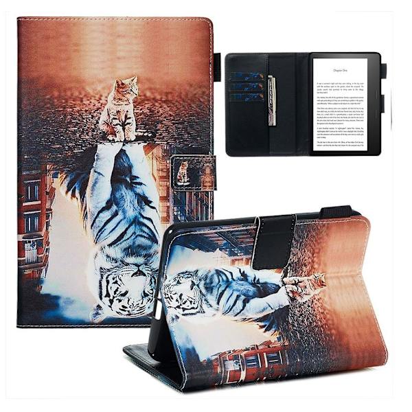 Amazon Kindle (2019) stilig mønster lær flip etui - White Tiger Multicolor
