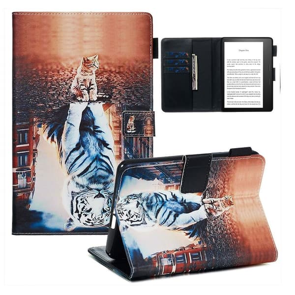 Amazon Kindle (2019) tyylikäs kuvio nahkainen flip case - Valkoinen Tiikeri Multicolor