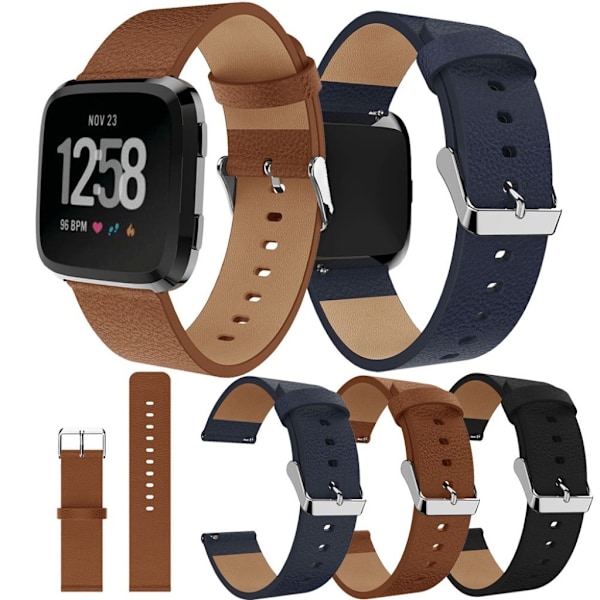 Fitbit Versa klockarmband litchi textur genuin läder reglerbart - Svart Svart