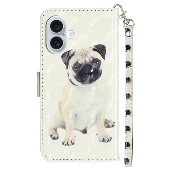 iPhone 16 Läderfodral Flipp plånbok Telefonskal Magnetlås 3D-mönster tryckt - Hund Vit