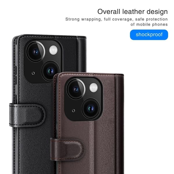 iPhone 15 ægte læderetui med kreditkortlommer - Sort Black